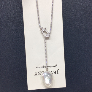 精工款极光炫彩巴洛克淡水珍珠吊坠可调节马蹄扣长款珍珠毛衣链