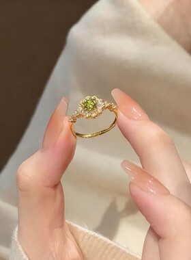 柘城钻石钻石之乡复古法式橄榄绿色可调节戒指女轻奢小众气质手饰