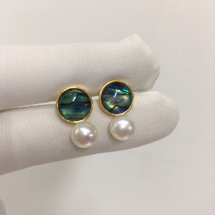 诸暨天然淡水珍珠耳钉女天然鲍鱼贝母珍珠耳环18K包金时尚耳饰