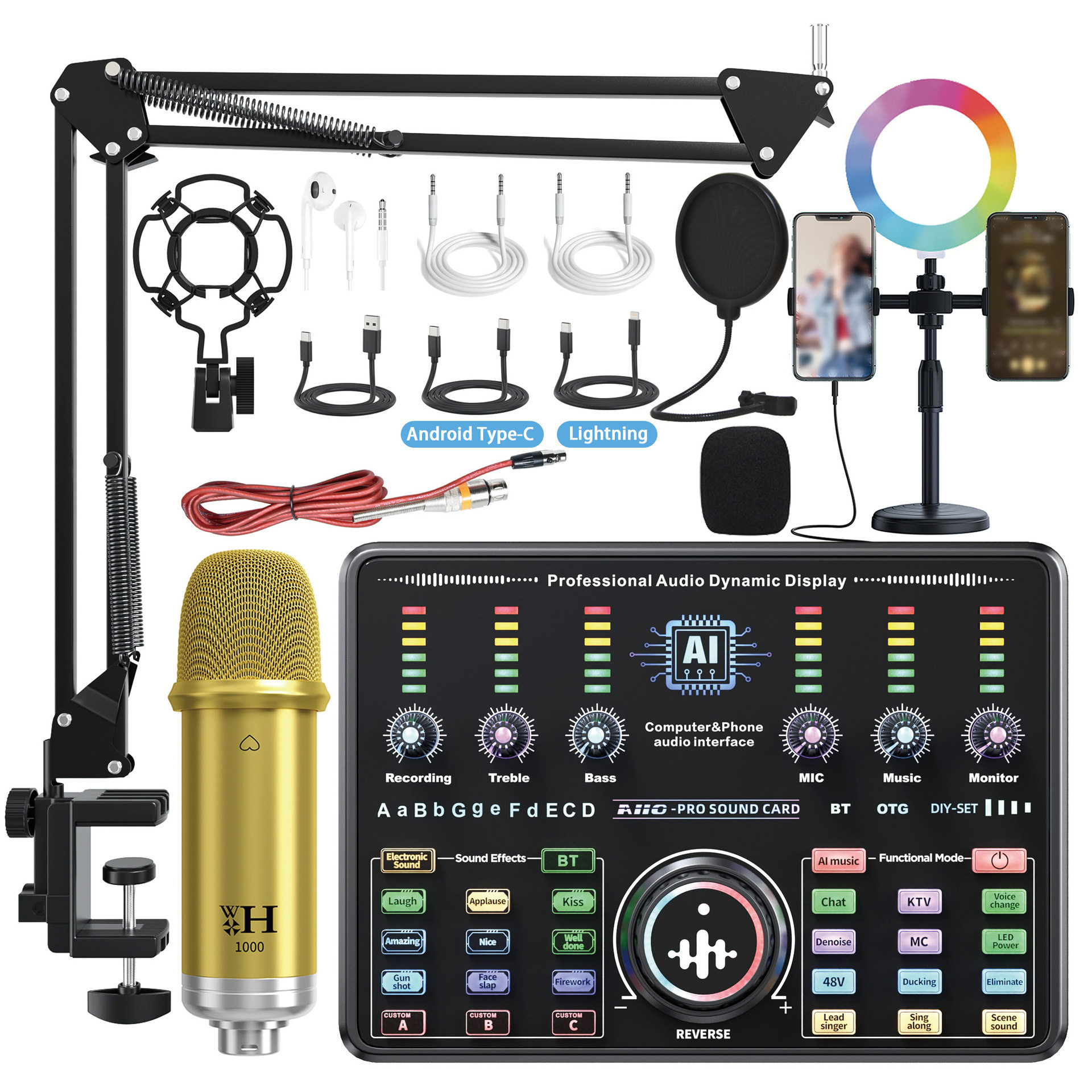 Temu认证AI修音英文声卡直播RGB灯手机K歌麦克风声卡直播专用全套