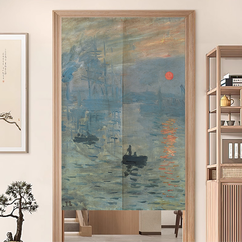莫奈油画卧室免打孔布艺门帘
