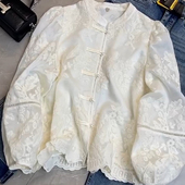 上衣女 简约风遮肉中长款 小立领重工复古国风盘扣刺绣蕾丝衫 春秋款