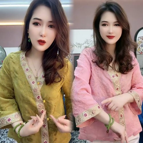 喇叭袖蕾丝花边拼接国风刺绣衫