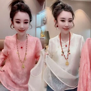 衬衫 百搭高级感洋气国风圆领双层盘扣新中式 上衣女 时尚 2026春季