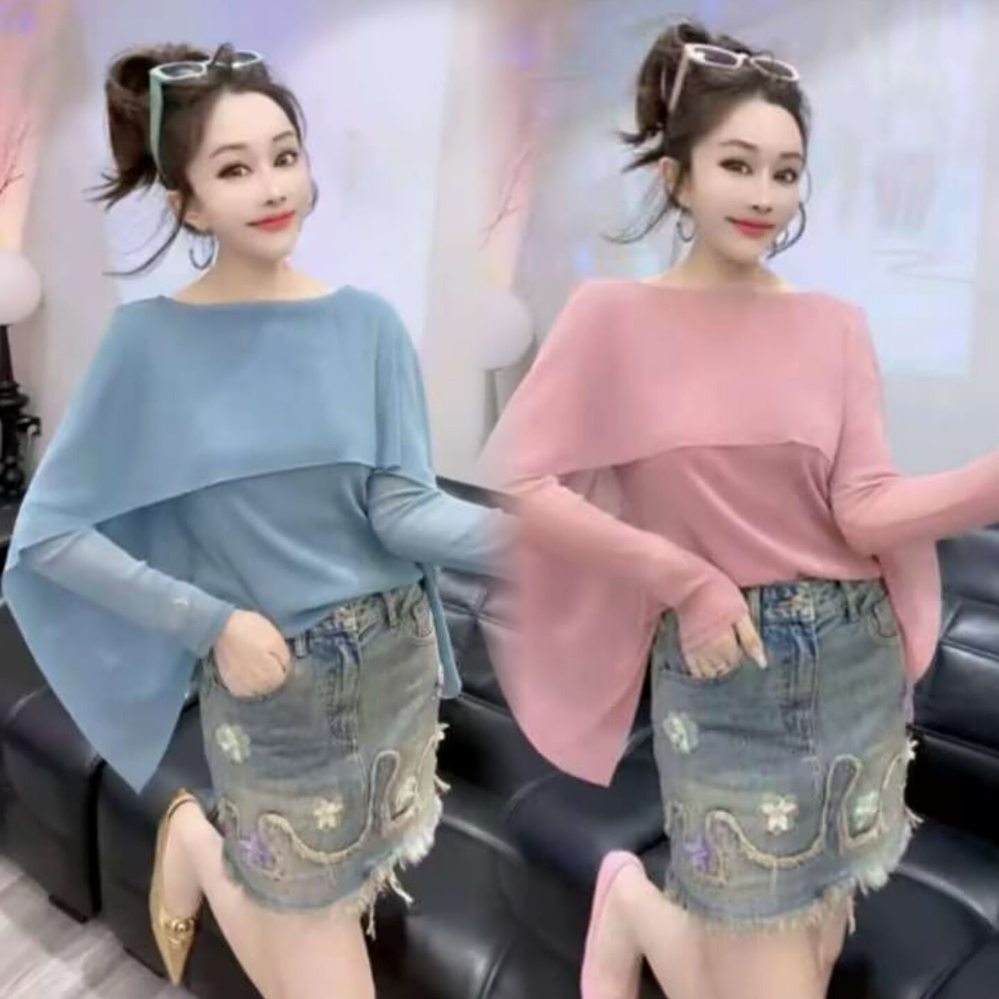 2026春夏季时尚百搭高级感气质一字肩纯色显白网纱披肩上衣小衫女