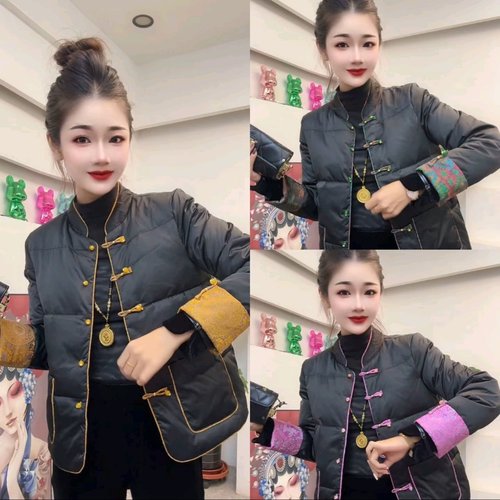盘扣拼接提花袖欧货羽绒棉服棉衣