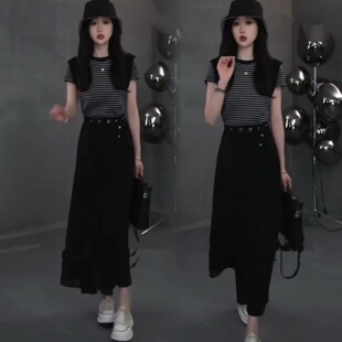 中长款条纹圆领a字连衣裙女夏季洋气显瘦一片式开叉网纱裙两件套