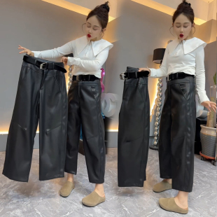 2024秋冬季欧货高腰弹力蛋白皮弯刀裤PU皮时尚腰带款磨毛阔腿皮裤