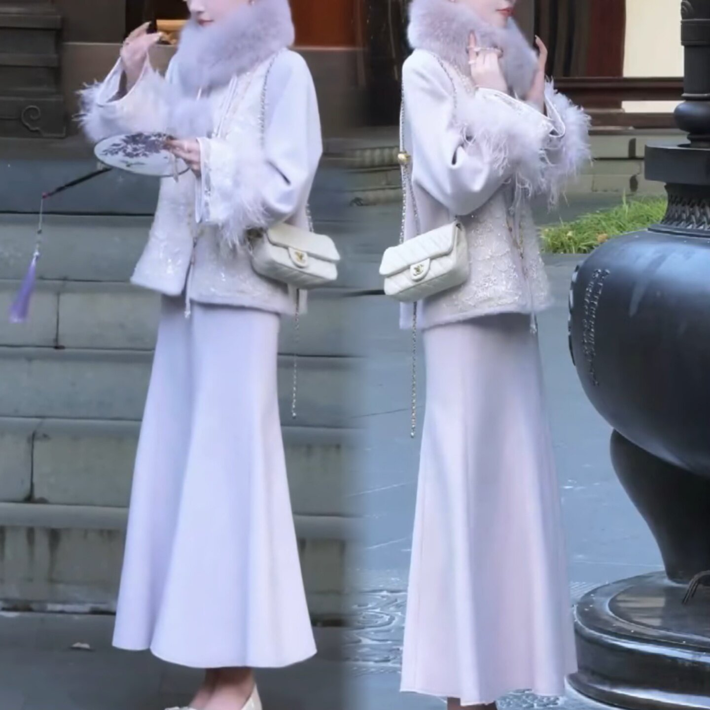 钩花刺绣国风上衣半身长裙两件套