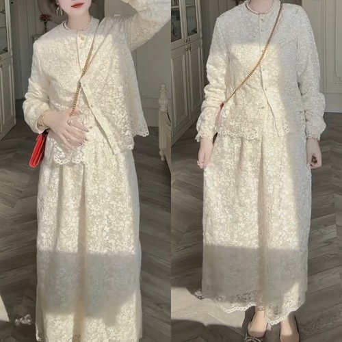 大码百搭时尚通勤蕾丝套装两件套