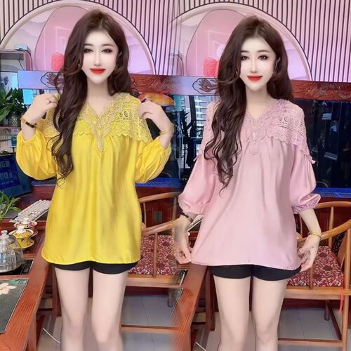 法式重工钉珠镂空v领蕾丝衬衫女