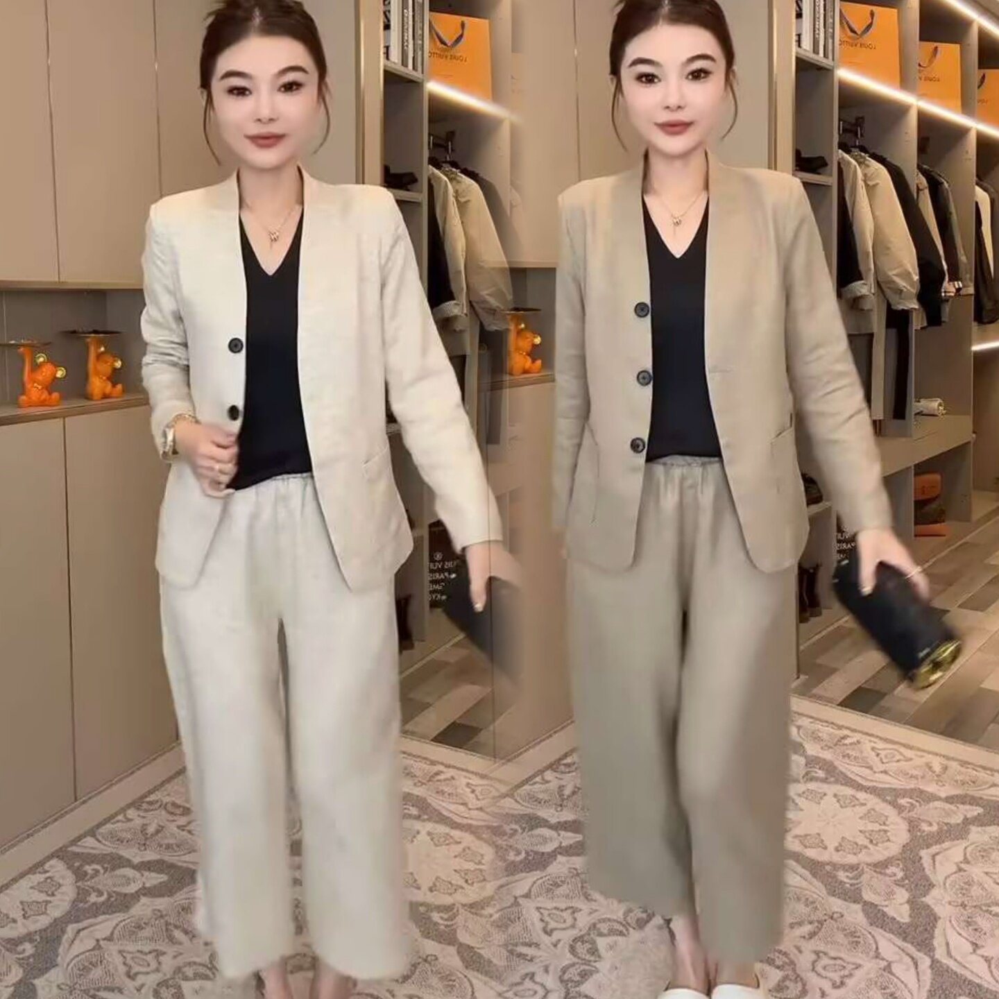 时尚高级金丝麻老钱风欧货西服外套小西装上衣+九分裤休闲两件装