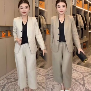 时尚高级金丝麻老钱风欧货西服外套小西装上衣+九分裤休闲两件装