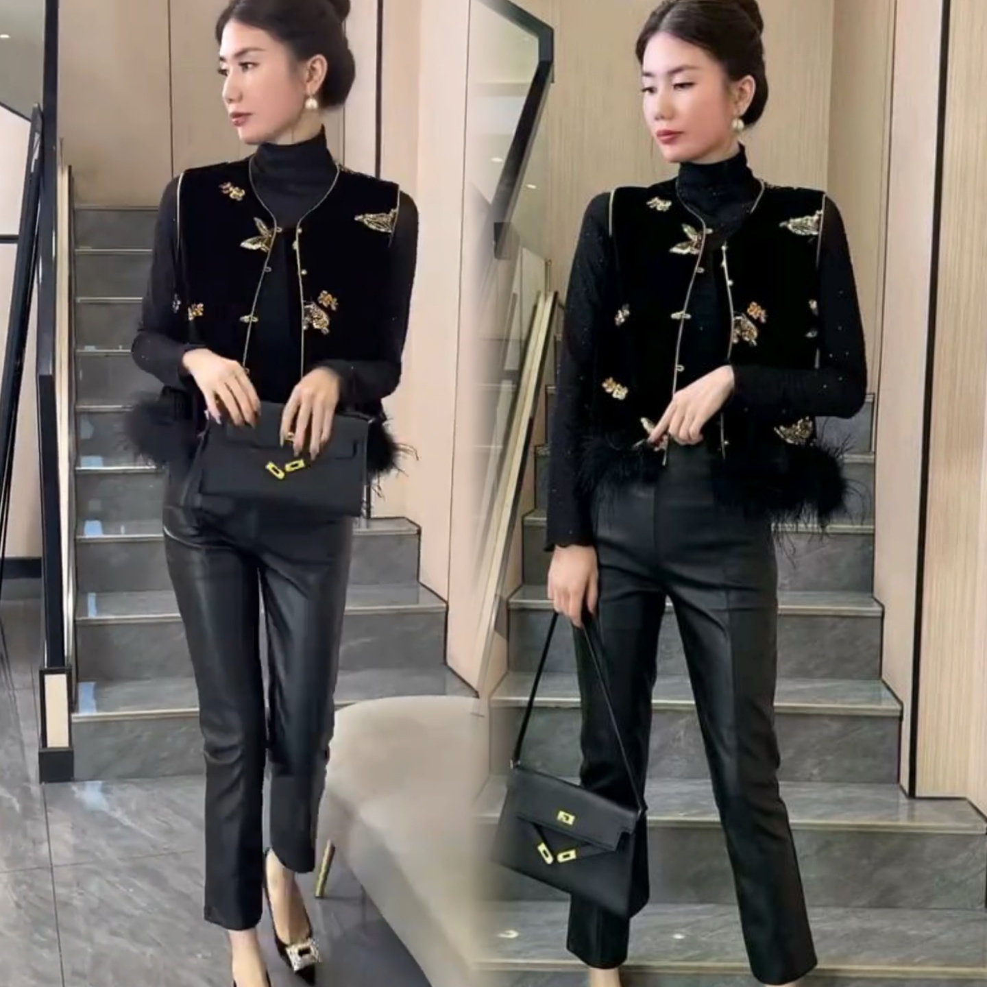 亮片马甲打底衫九分烟管皮裤套装