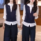 2026春季 女 百搭气质减龄显瘦假两件娃娃领衬衫 新款 洋气高级感时尚