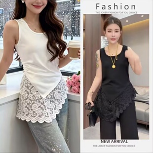 欧货不规则法式斜边蕾丝白色吊带背心新款坎肩外搭叠穿无袖上衣女
