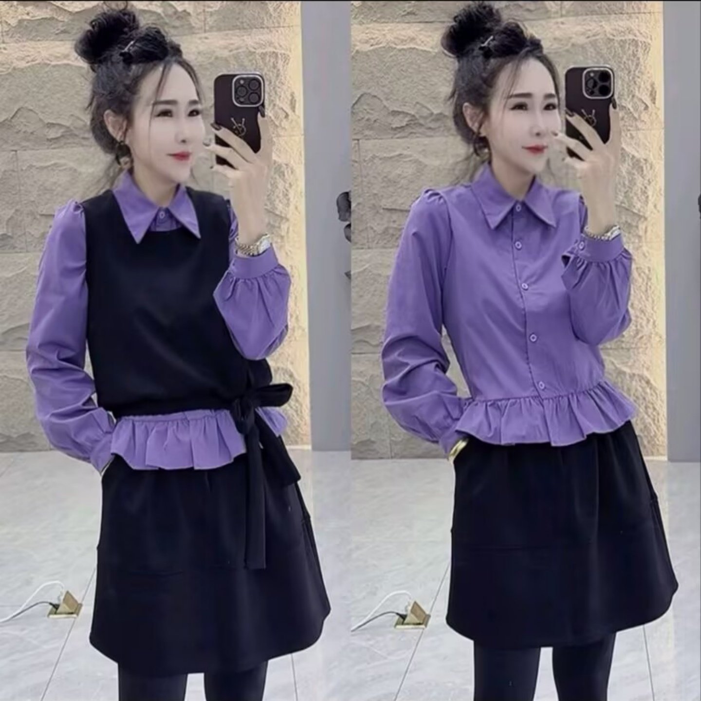 2025秋冬季时尚百搭高级感气质紫色衬衫+马甲+短裙洋气三件套装女