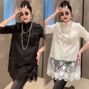 国风盘扣拼接蕾丝显瘦衬衫 百搭洋气显白欧货中长款 女 时尚 2026春季