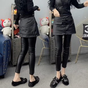 欧货2024年秋冬新款豹纹围裙裤女松紧腰复古假两件涂层磨毛皮裤裙