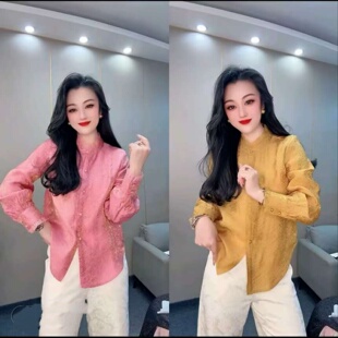 2026春季新中式彩色重工洋气琉光锦缎提花菲菲边小立领衬衫上衣女