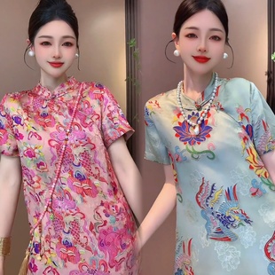 夏季复古国风提花A字人丝新中式旗袍裙连衣裙短裙裙子女装