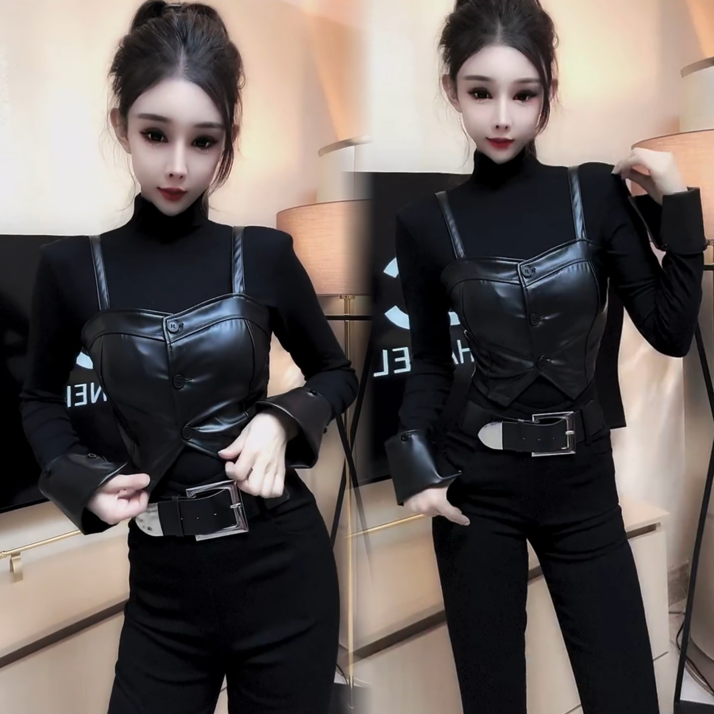 保暖打底小衫PU皮马甲背心两件套