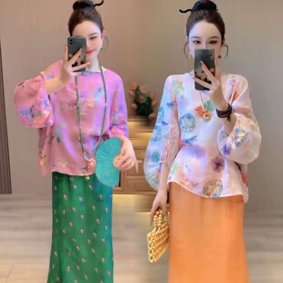 夏季新款慵懒宽松百搭外穿防晒灯笼袖上衣小衫半身花裙两件套装