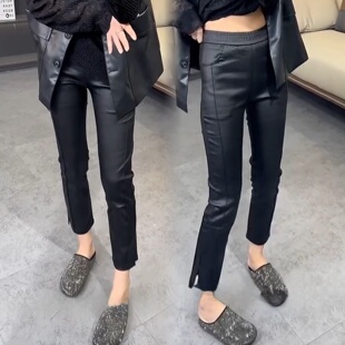 潮 百搭欧货小皮裤 2025秋冬新款 磨毛加薄绒涂层皮侧开叉小脚烟管裤