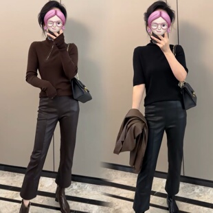 时尚 薄款 洋气显瘦修身 松紧腰PU蛋白皮裤 女 2025秋季 休闲九分裤 新款