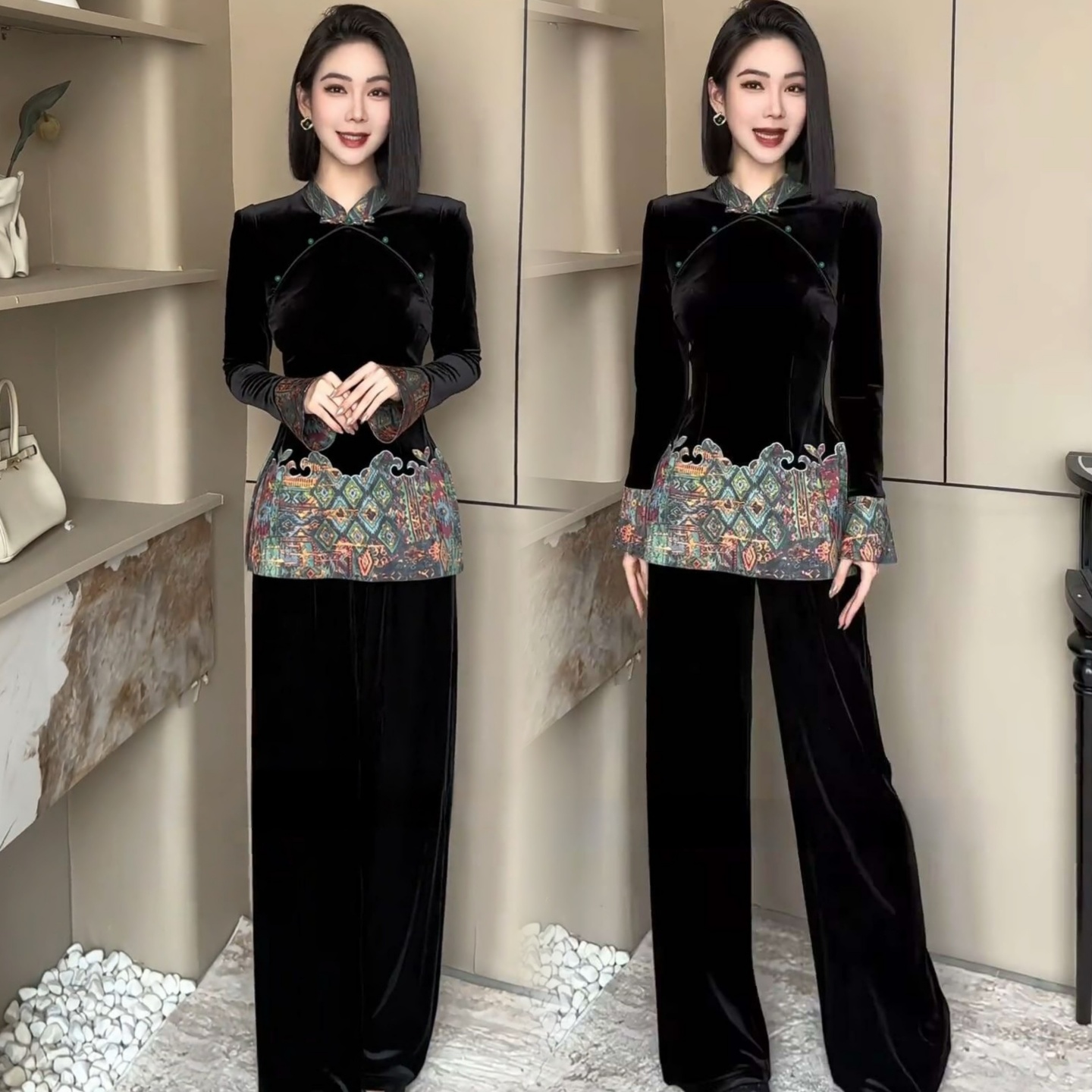 拼接丝绒旗袍衫+丝绒休闲拖地裤