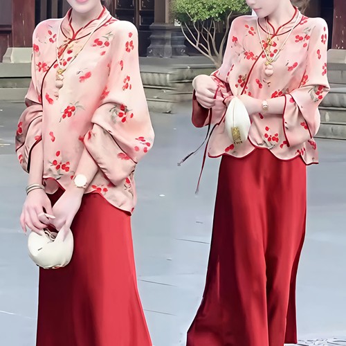 印花上衣半身裙两件套女