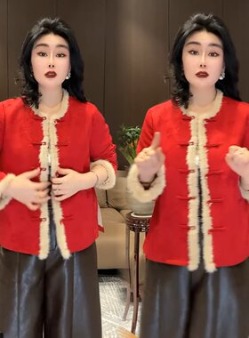红色喜庆拼貂毛边加棉外套棉服女
