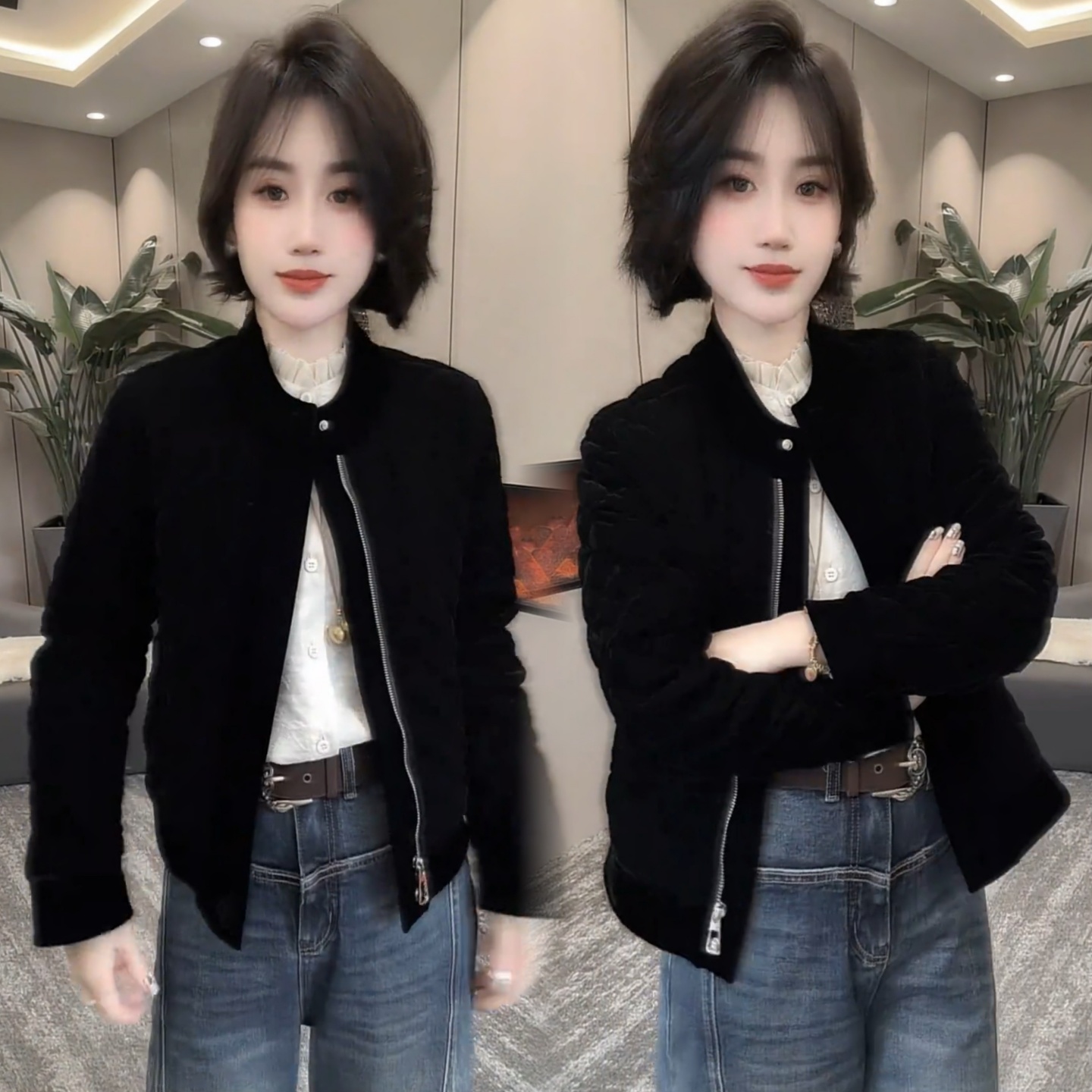 复古黑色立领菱形格显瘦保暖棉衣