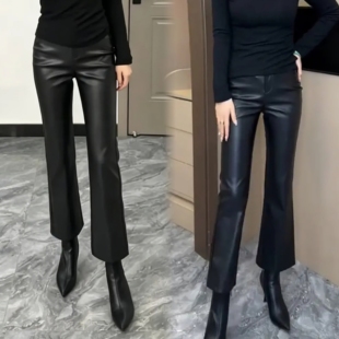 欧货高腰加绒直筒微喇叭裤九分皮裤女时尚百搭显瘦秋冬蛋白仿皮裤