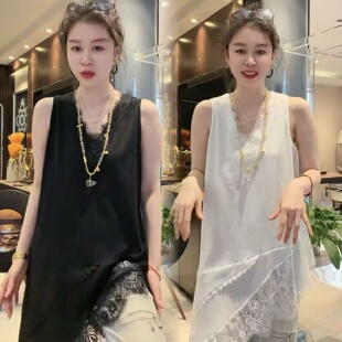 欧货法式v领斜边蕾丝白色吊带背心新款坎肩外搭叠穿无袖打底上衣