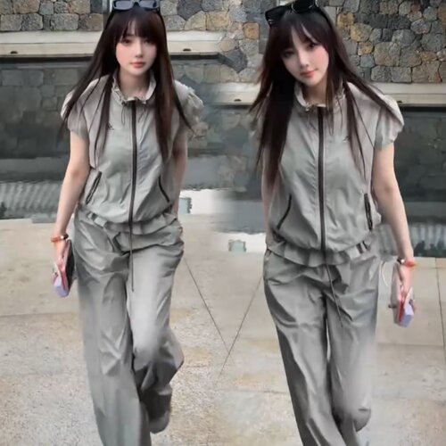 拉链休闲外套+阔腿裤两件套女潮