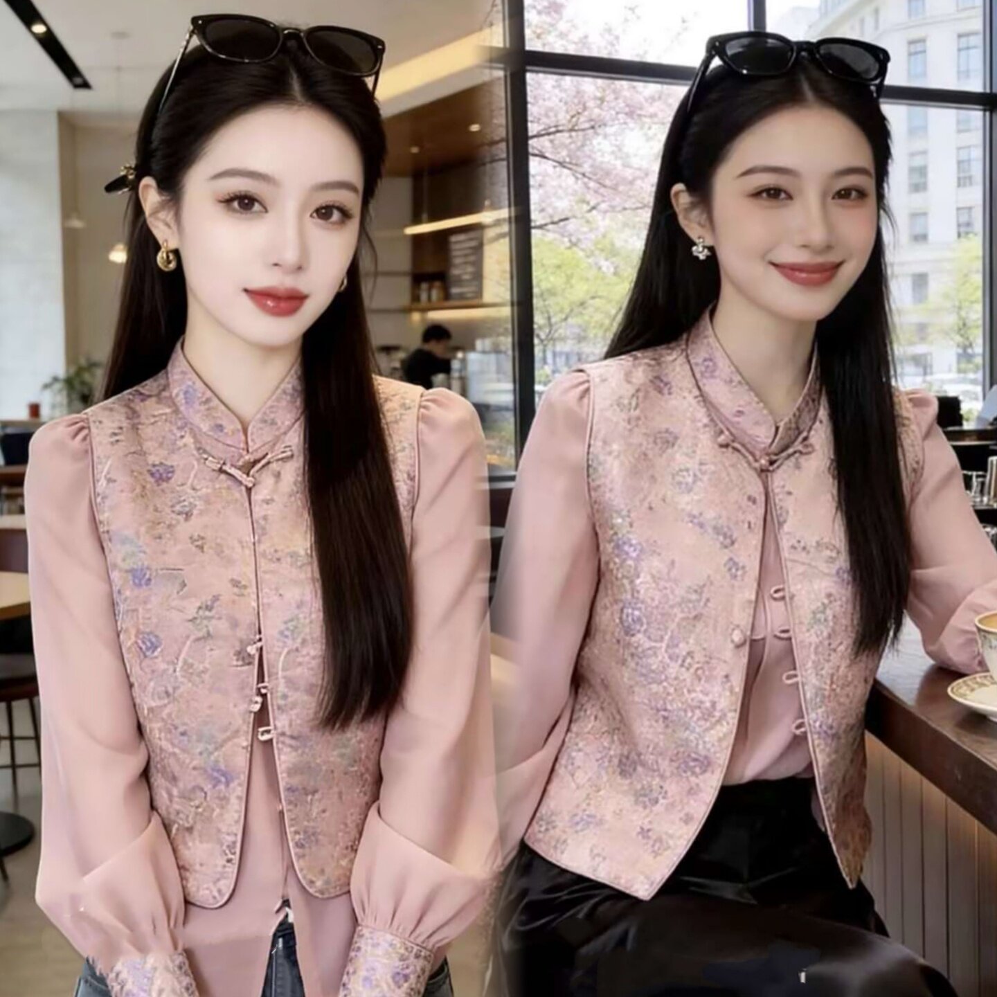 2026春季新款新中式粉色温柔风提花国风马甲+气质百搭衬衫两件套