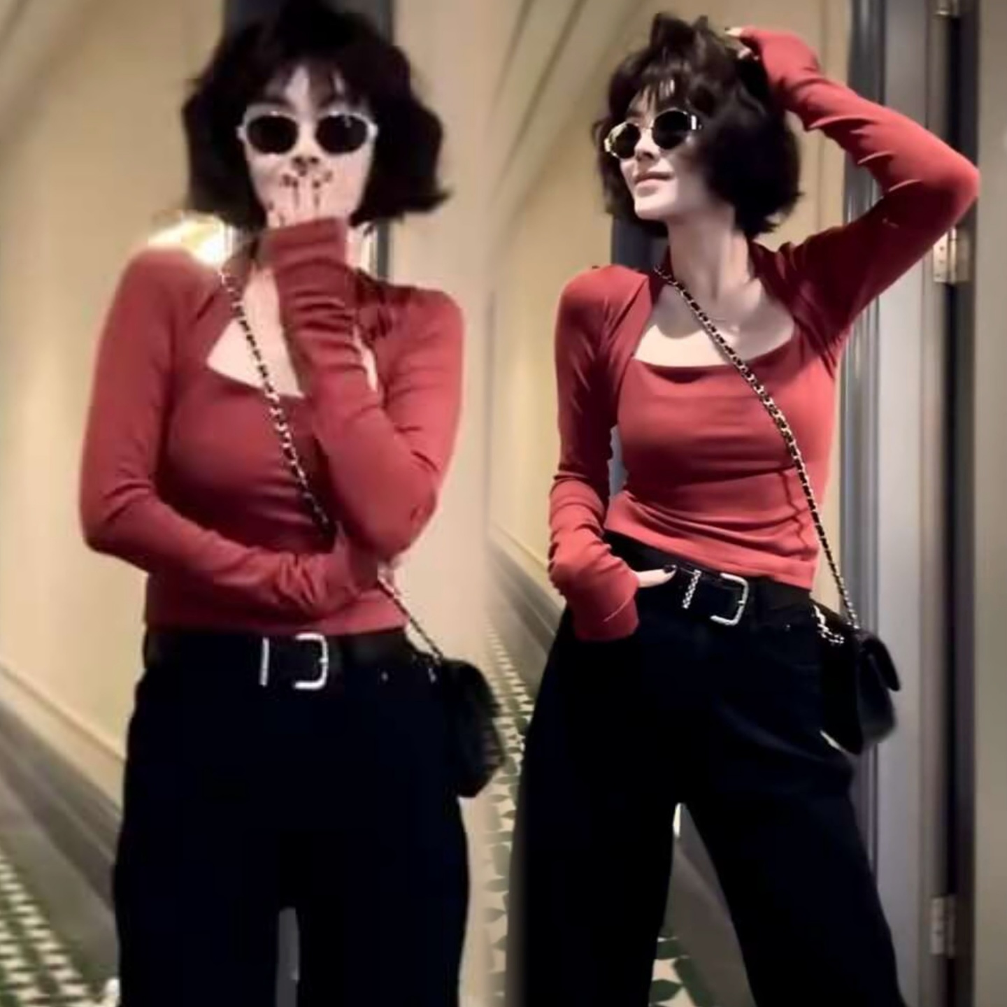 方领性感纯欲风T恤打底衫上衣女