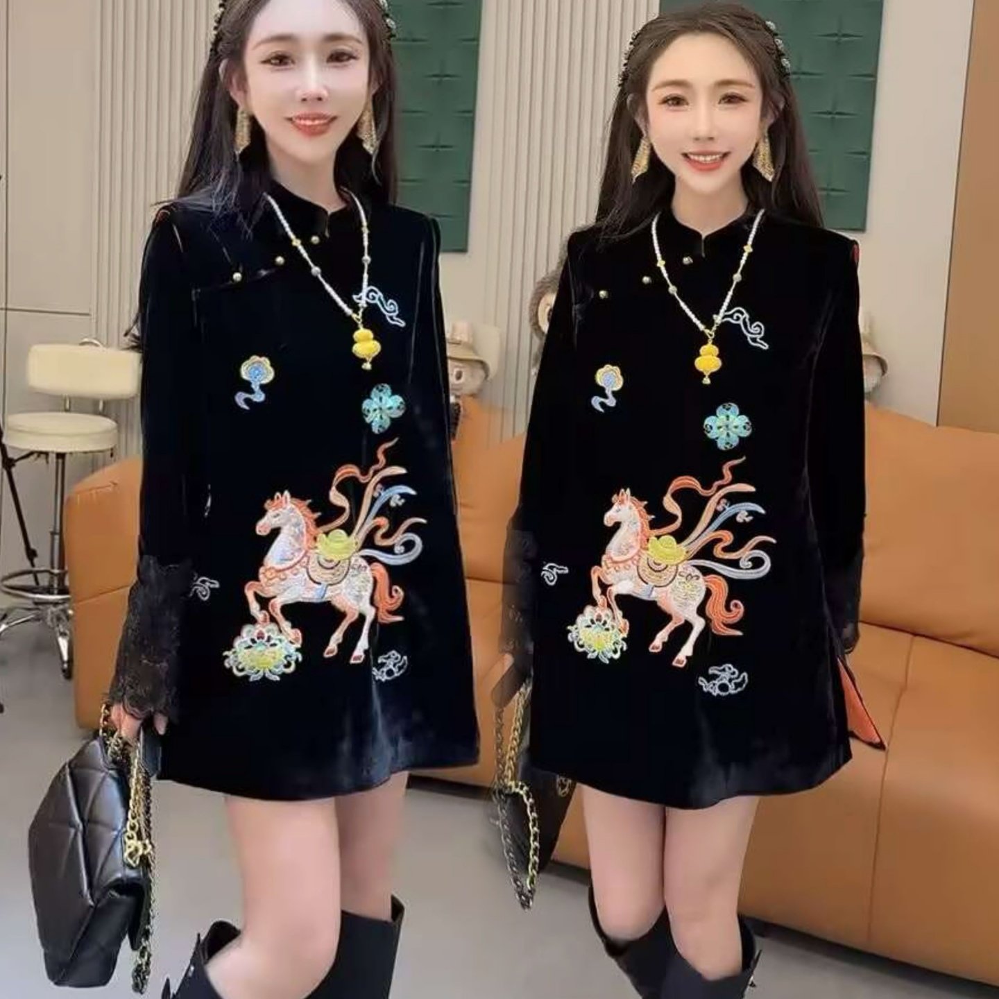 新中式国潮风马上有钱重工刺绣本命年丝绒连衣裙女2026中长立领裙,女装/女士精品,连衣裙,淘宝优惠券,粉丝福利购,淘宝优惠卷