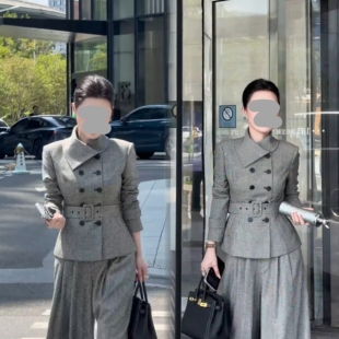 老钱风千鸟格风衣套装女2026秋冬收腰双排扣短款外套阔腿裤两件套
