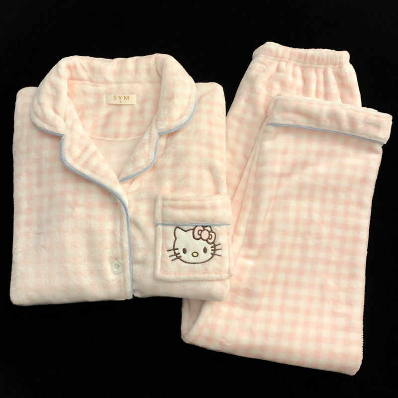 卡通kitty猫刺绣大码睡衣女秋冬季珊瑚绒加厚保暖可爱粉格家居服