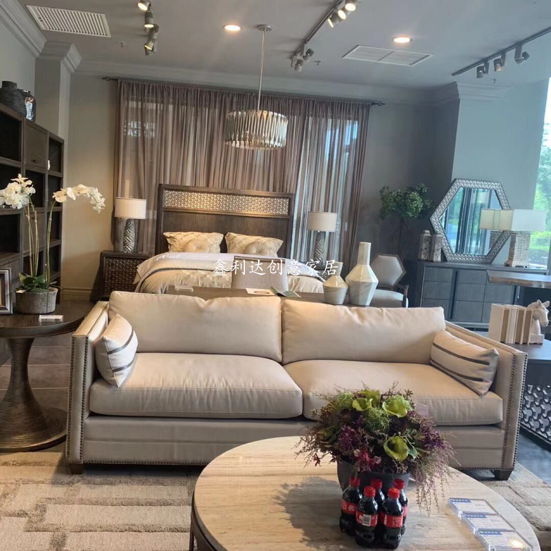 鑫利达carved art家具 晶粹现代美式实木牛皮布艺拼接三人沙发