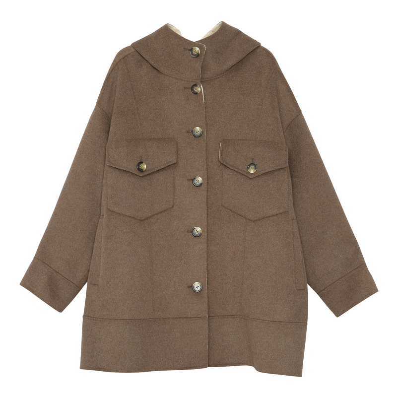 MOVEUP幻走2024冬季新款连帽混花扣中长款毛呢外套女124421608