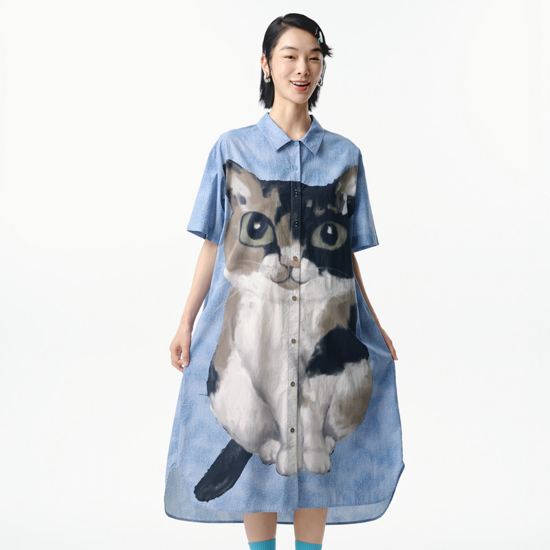 【商场同款】MOVEUP幻走2025夏季新款纯棉可爱猫咪印花梭织连衣裙