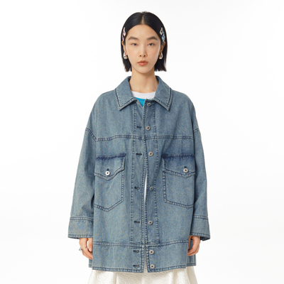 【商场同款】MOVEUP幻走2025春季新款纯棉多口袋中长款牛仔外套女
