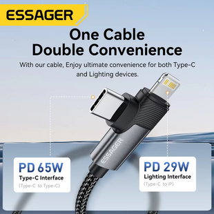 Essager 2 in 1 USB C Cable 65W PD Type C To Lightning For iPhone 15 14 Pro Max MacBook iPad Xiaomi15