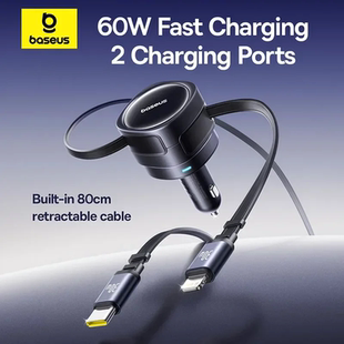 Baseus 60W/90W USB Type-C Car Charger Dual Retractable Cable