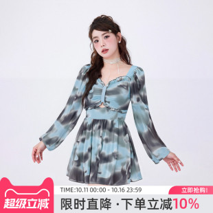温泉度假胖mm显瘦长袖 agliondy大码 泳衣女微胖遮肉高级感2025新款