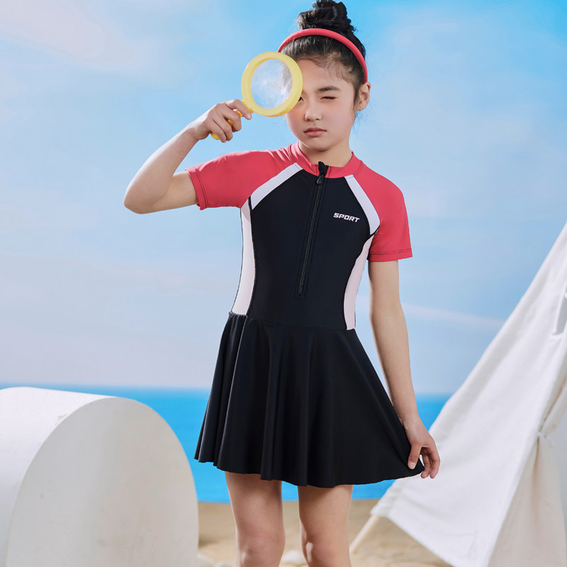 断码特价女童泳衣儿童防晒速干中大童连体裙式短袖女孩温泉游泳装