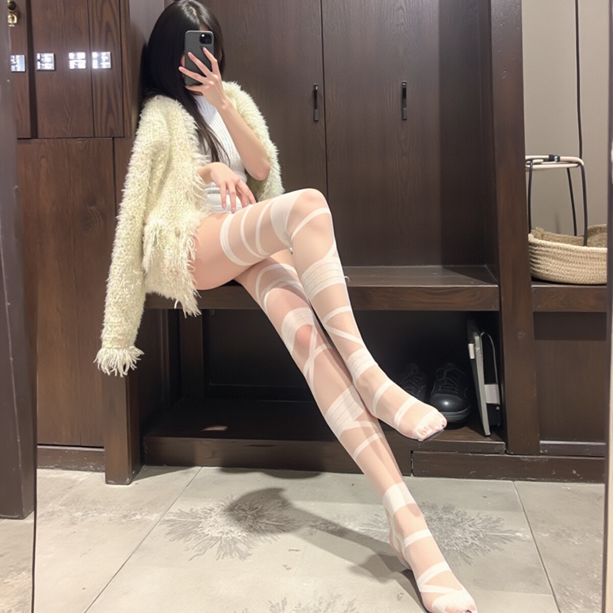 新款性感纯欲绷带长筒过膝袜绑带丝袜洛丽塔袜子亚文化cos白丝